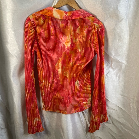 y2k Cache Orange Pink Neon Floral Pleated Mesh V-Neck Long Fairy Sleeve Blouse - Picture 4 of 4